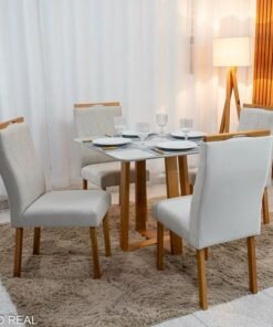 Mesa de Jantar Bali 90x90 Vidro Off/Base Madeira - Minas Plac + 4 Cad. Lisboa Veludo Bege 512 Madeira Art Assento - Entregue Montada