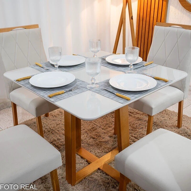 Mesa de Jantar Bali 90x90 Vidro Off/Base Madeira - Minas Plac + 4 Cad. Lisboa Veludo Bege 512 Madeira Art Assento - Entregue Montada - Imagem 4