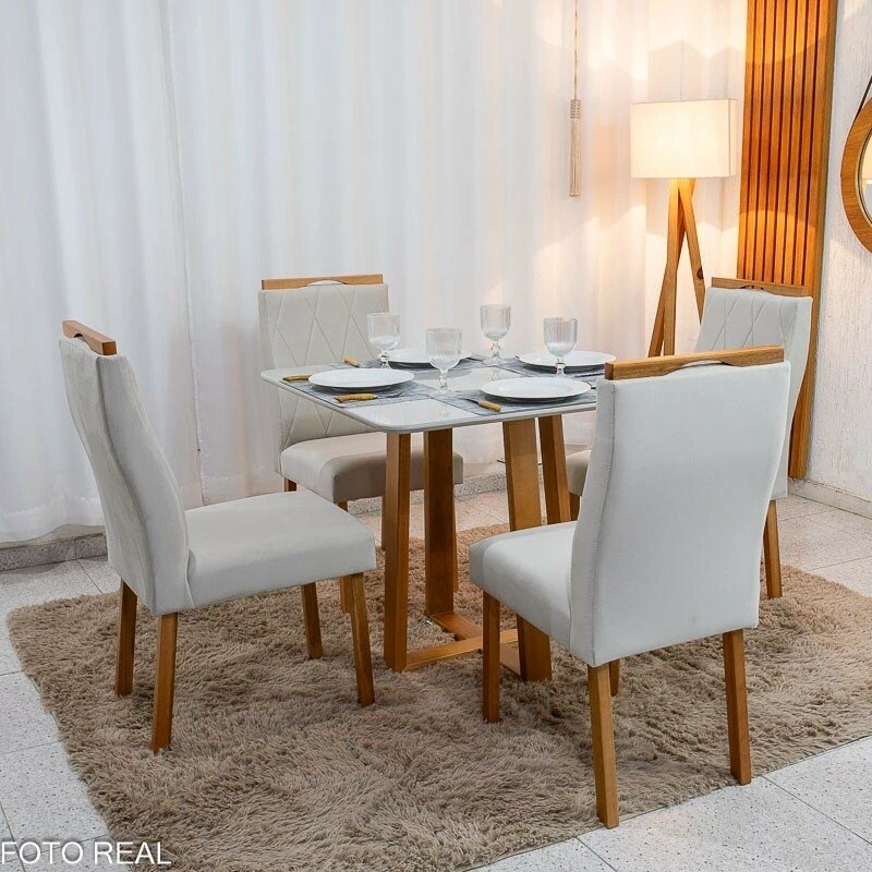 Mesa de Jantar Bali 90x90 Vidro Off/Base Madeira - Minas Plac + 4 Cad. Lisboa Veludo Bege 512 Madeira Art Assento - Entregue Montada - Imagem 6