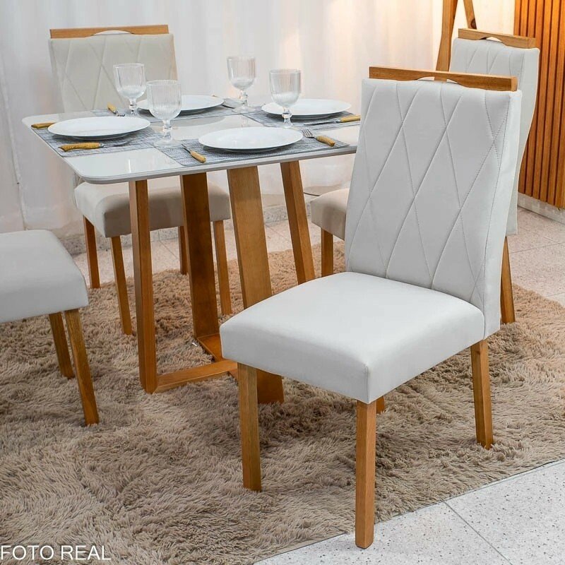 Mesa de Jantar Bali 90x90 Vidro Off/Base Madeira - Minas Plac + 4 Cad. Lisboa Veludo Bege 512 Madeira Art Assento - Entregue Montada - Imagem 8