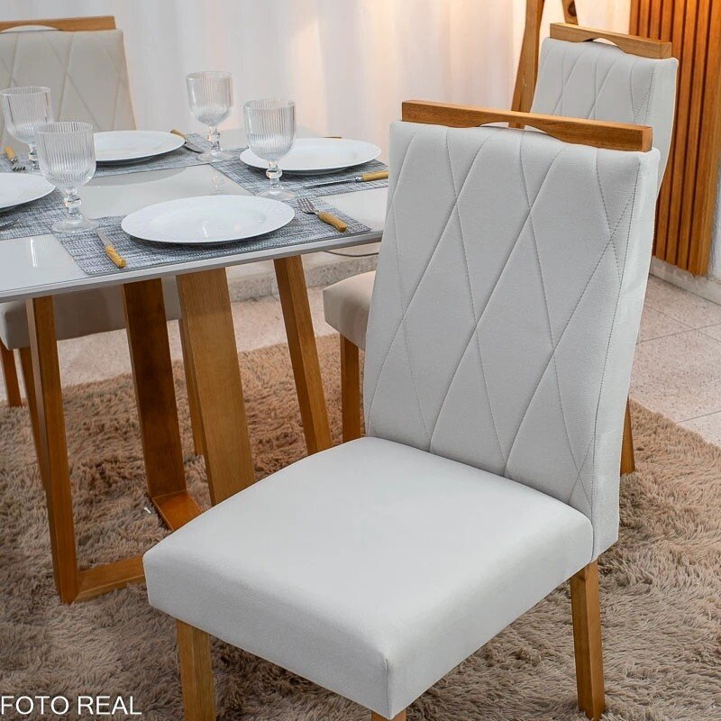 Mesa de Jantar Bali 90x90 Vidro Off/Base Madeira - Minas Plac + 4 Cad. Lisboa Veludo Bege 512 Madeira Art Assento - Entregue Montada - Imagem 10