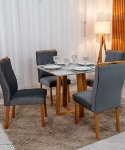 Mesa de Jantar Bali 90x90 Vidro Off/Base Madeira Minas Plac + 4 Cad. Lisboa Veludo Cinza 507 Madeira Art Assento - Entregue Montada