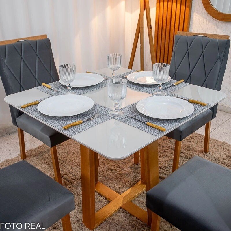 Mesa de Jantar Bali 90x90 Vidro Off/Base Madeira Minas Plac + 4 Cad. Lisboa Veludo Cinza 507 Madeira Art Assento - Entregue Montada - Imagem 4