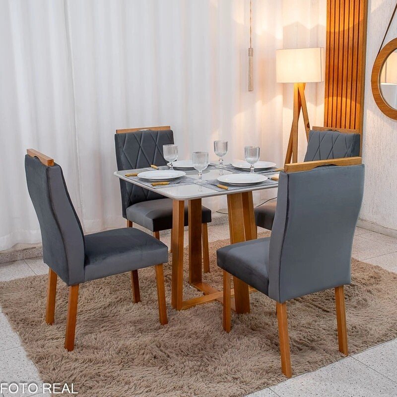 Mesa de Jantar Bali 90x90 Vidro Off/Base Madeira Minas Plac + 4 Cad. Lisboa Veludo Cinza 507 Madeira Art Assento - Entregue Montada - Imagem 6