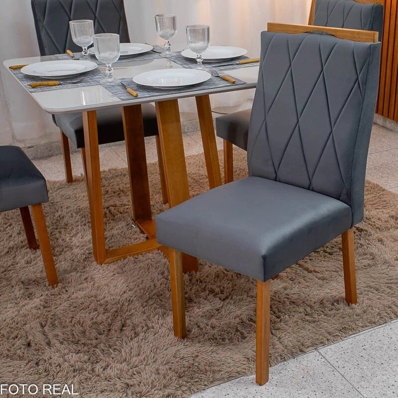 Mesa de Jantar Bali 90x90 Vidro Off/Base Madeira Minas Plac + 4 Cad. Lisboa Veludo Cinza 507 Madeira Art Assento - Entregue Montada - Imagem 8