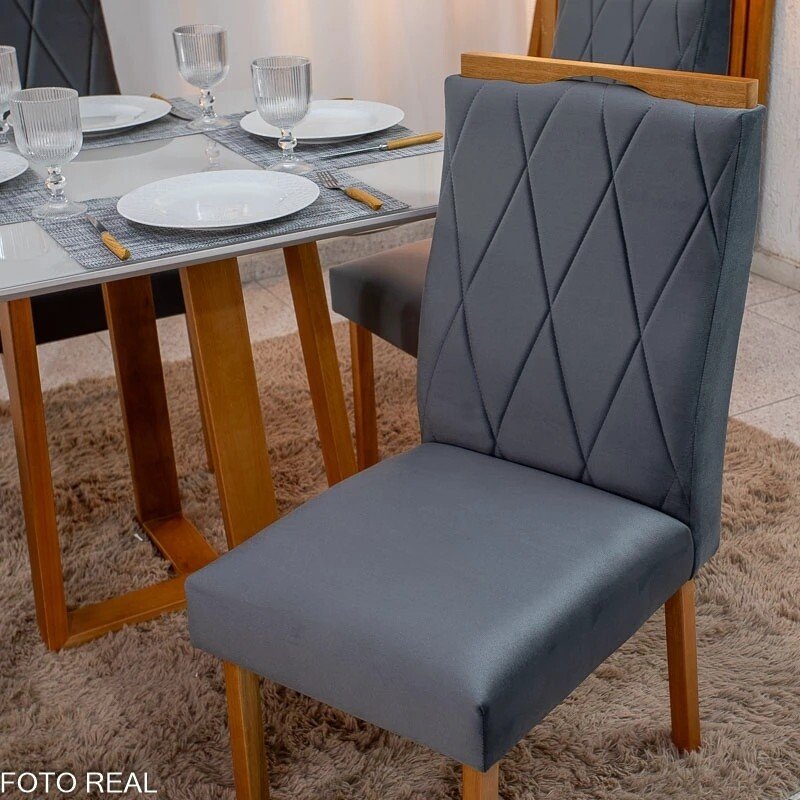 Mesa de Jantar Bali 90x90 Vidro Off/Base Madeira Minas Plac + 4 Cad. Lisboa Veludo Cinza 507 Madeira Art Assento - Entregue Montada - Imagem 10
