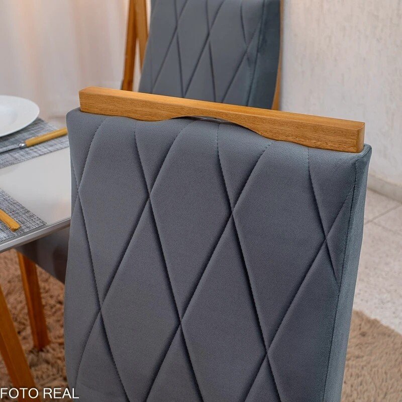 Mesa de Jantar Bali 90x90 Vidro Off/Base Madeira Minas Plac + 4 Cad. Lisboa Veludo Cinza 507 Madeira Art Assento - Entregue Montada - Imagem 12