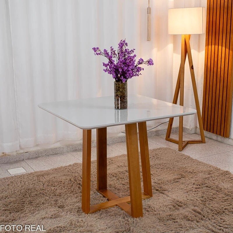 Mesa de Jantar Bali 90x90 Vidro Off/Base Madeira Minas Plac + 4 Cad. Lisboa Veludo Cinza 507 Madeira Art Assento - Entregue Montada - Imagem 14