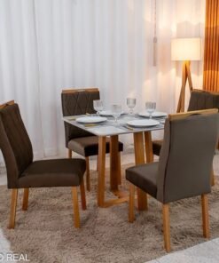 Mesa de Jantar Bali 90x90 Vidro Off/Base Madeira - Minas Plac + 4 Cad. Lisboa Veludo Marrom 509 Madeira Art Assento - Entregue Montada
