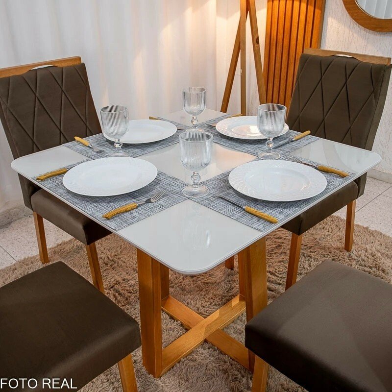 Mesa de Jantar Bali 90x90 Vidro Off/Base Madeira - Minas Plac + 4 Cad. Lisboa Veludo Marrom 509 Madeira Art Assento - Entregue Montada - Imagem 4