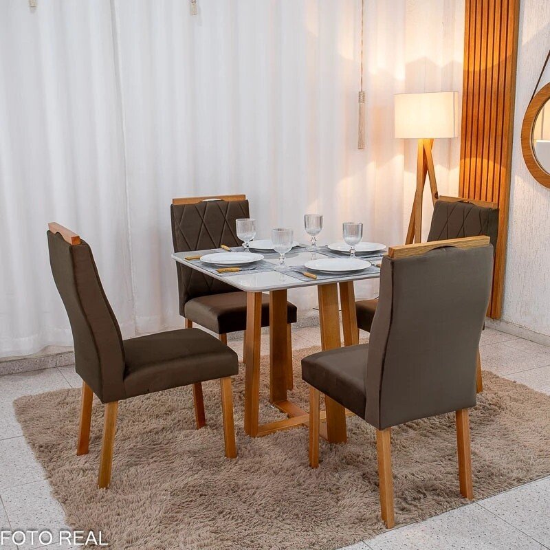 Mesa de Jantar Bali 90x90 Vidro Off/Base Madeira - Minas Plac + 4 Cad. Lisboa Veludo Marrom 509 Madeira Art Assento - Entregue Montada - Imagem 6