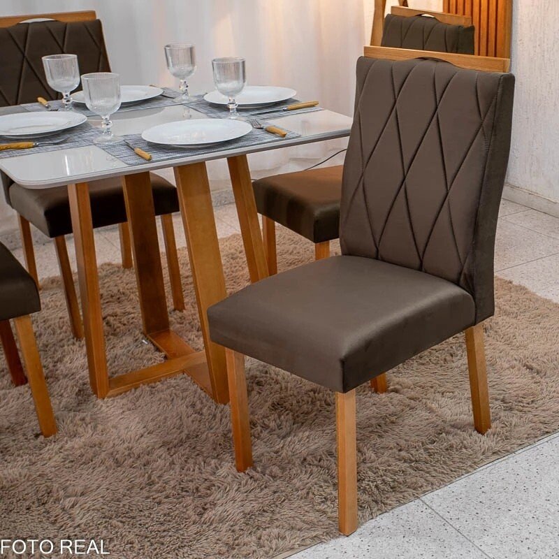 Mesa de Jantar Bali 90x90 Vidro Off/Base Madeira - Minas Plac + 4 Cad. Lisboa Veludo Marrom 509 Madeira Art Assento - Entregue Montada - Imagem 8