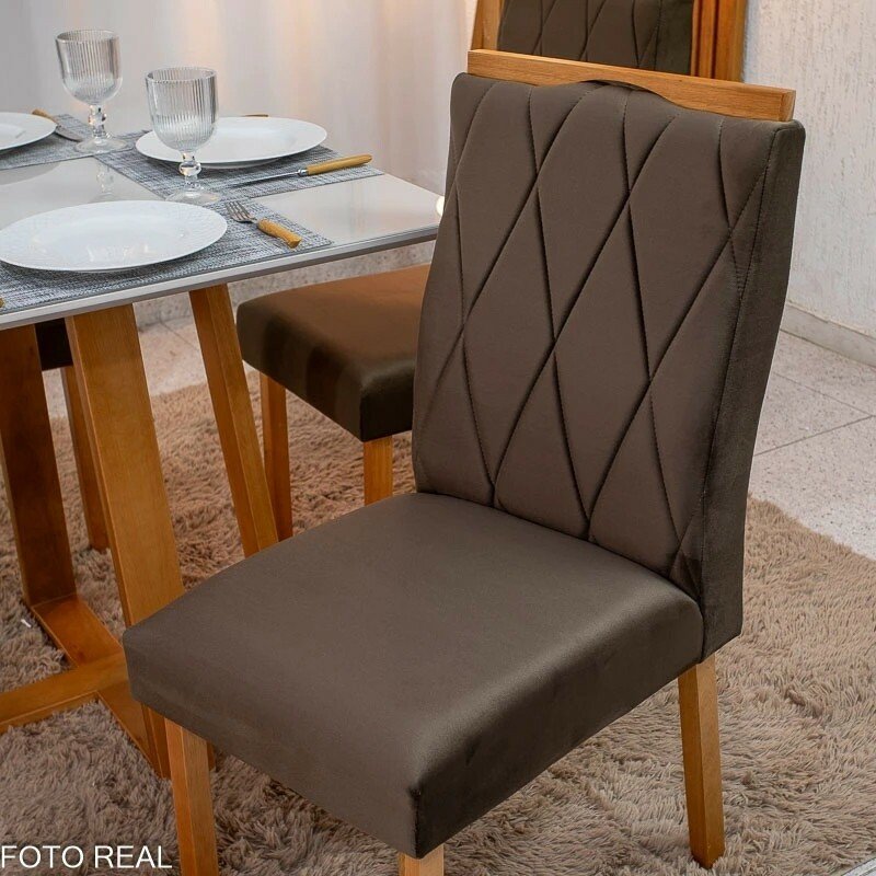 Mesa de Jantar Bali 90x90 Vidro Off/Base Madeira - Minas Plac + 4 Cad. Lisboa Veludo Marrom 509 Madeira Art Assento - Entregue Montada - Imagem 10
