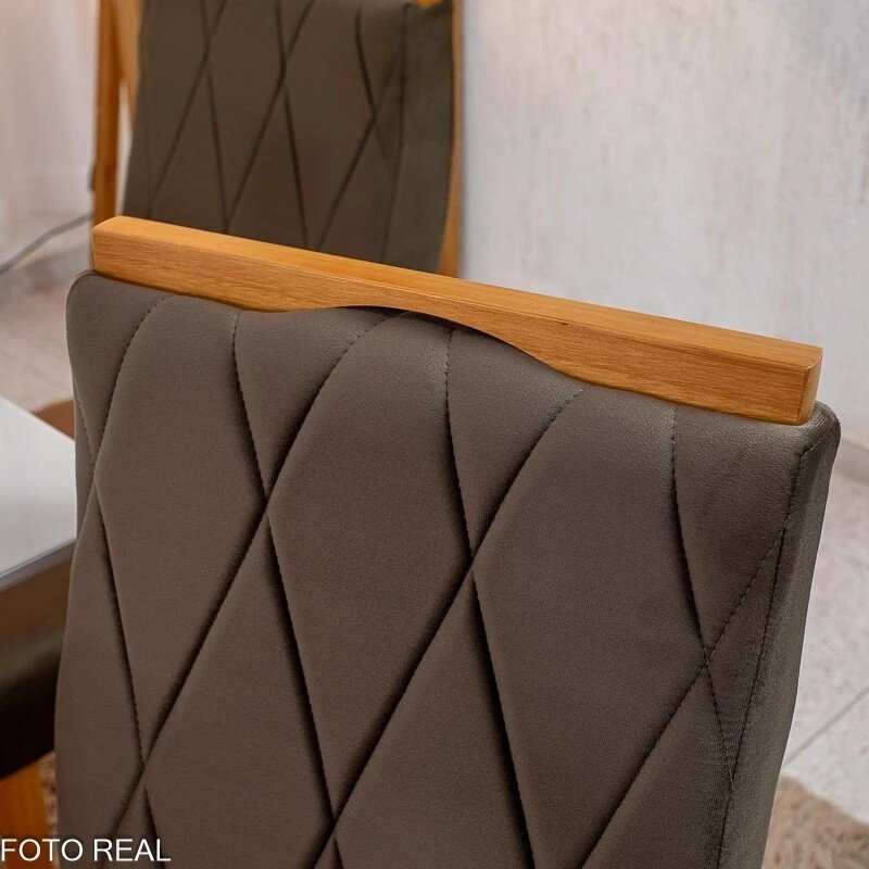 Mesa de Jantar Bali 90x90 Vidro Off/Base Madeira - Minas Plac + 4 Cad. Lisboa Veludo Marrom 509 Madeira Art Assento - Entregue Montada - Imagem 12