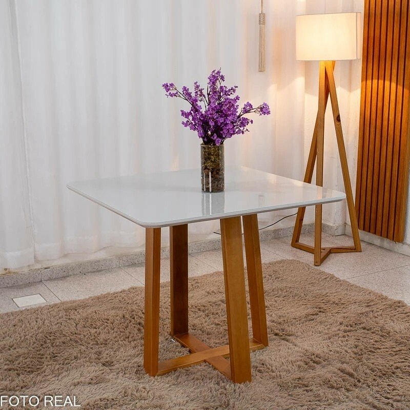 Mesa de Jantar Bali 90x90 Vidro Off/Base Madeira - Minas Plac + 4 Cad. Lisboa Veludo Marrom 509 Madeira Art Assento - Entregue Montada - Imagem 16