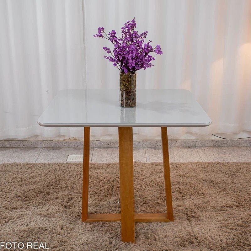 Mesa de Jantar Bali 90x90 Vidro Off/Base Madeira - Minas Plac + 4 Cad. Lisboa Veludo Marrom 509 Madeira Art Assento - Entregue Montada - Imagem 18