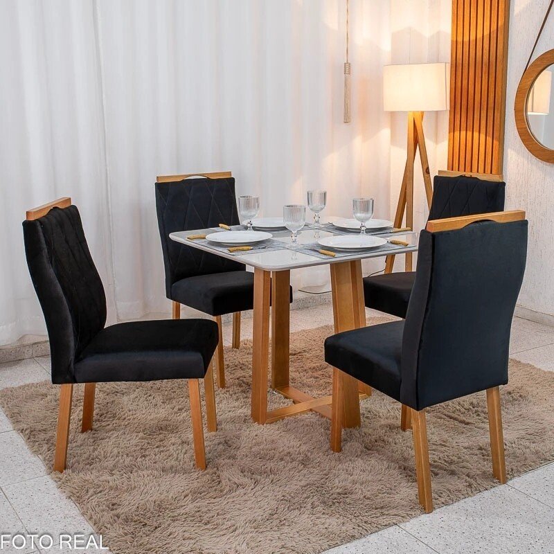 Mesa de Jantar Bali 90x90 Vidro Off/Base Madeira Minas Plac + 4 Cad. Lisboa Veludo Preto 504 Madeira Art Assento - Entregue Montada