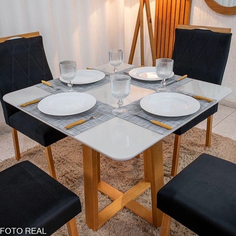 Mesa de Jantar Bali 90x90 Vidro Off/Base Madeira Minas Plac + 4 Cad. Lisboa Veludo Preto 504 Madeira Art Assento - Entregue Montada - Imagem 4