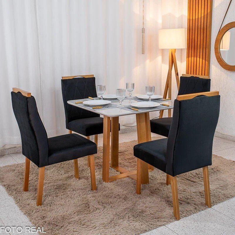 Mesa de Jantar Bali 90x90 Vidro Off/Base Madeira Minas Plac + 4 Cad. Lisboa Veludo Preto 504 Madeira Art Assento - Entregue Montada - Imagem 6