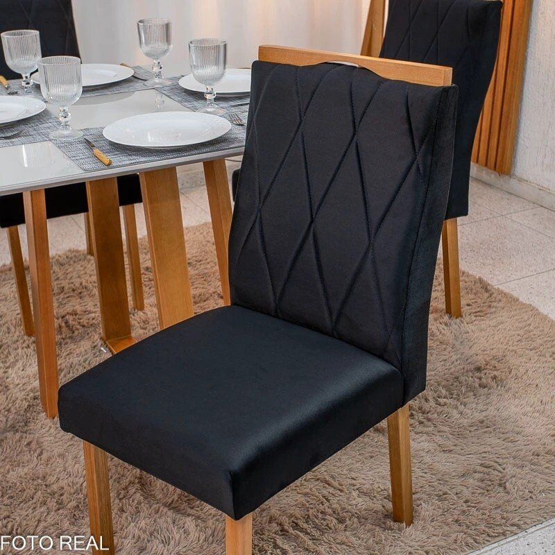 Mesa de Jantar Bali 90x90 Vidro Off/Base Madeira Minas Plac + 4 Cad. Lisboa Veludo Preto 504 Madeira Art Assento - Entregue Montada - Imagem 8