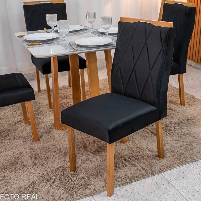Mesa de Jantar Bali 90x90 Vidro Off/Base Madeira Minas Plac + 4 Cad. Lisboa Veludo Preto 504 Madeira Art Assento - Entregue Montada - Imagem 12