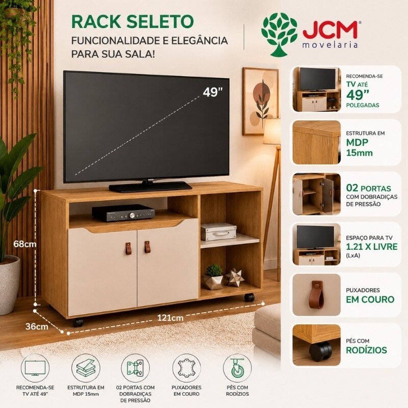Rack Seleto Candian Larg. 1.21m Cinamomo/Off para TV até 49" - JCM - Imagem 10