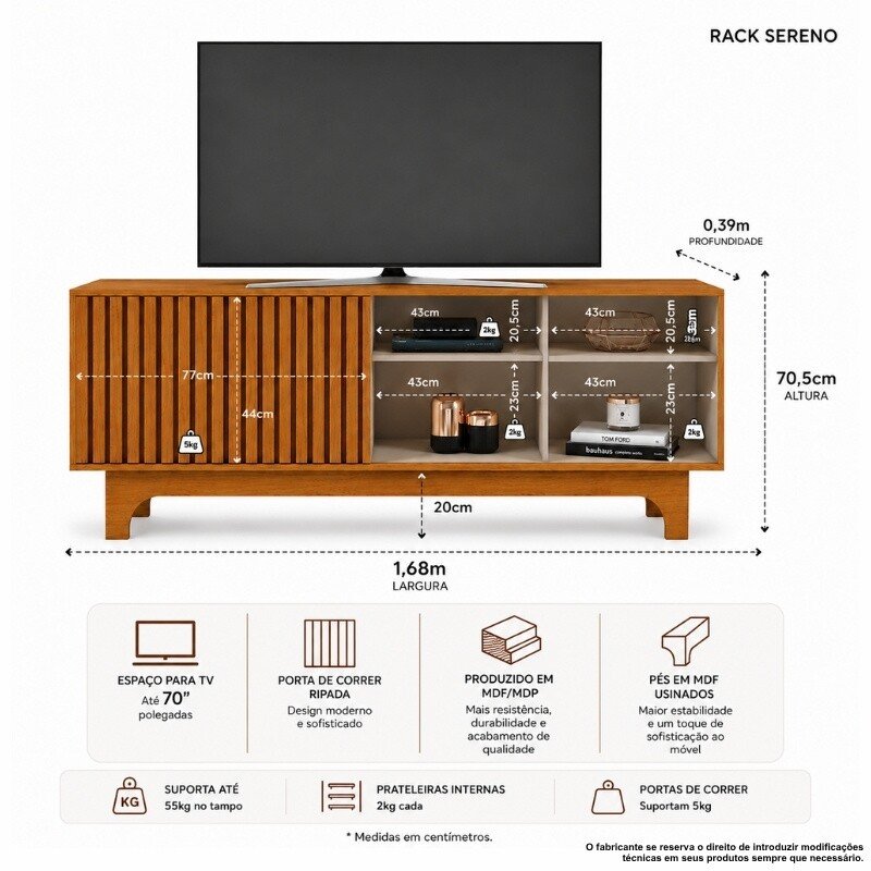 Rack Sereno 1.68m Cinamomo/Off C/Porta Ripada para TV até 70" - JCM - Imagem 8