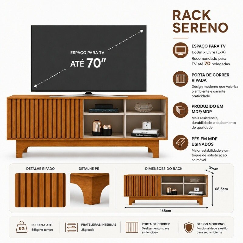 Rack Sereno 1.68m Cinamomo/Off C/Porta Ripada para TV até 70" - JCM - Imagem 12